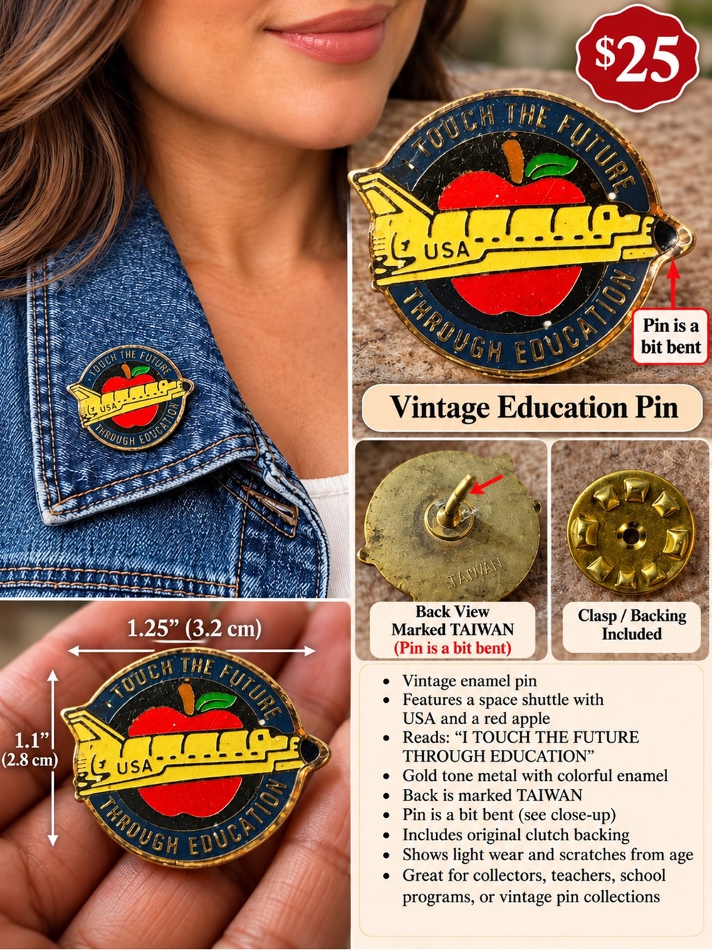 Vintage Education Enamel Pin - Red/Yellow/Black Apple & Shuttle